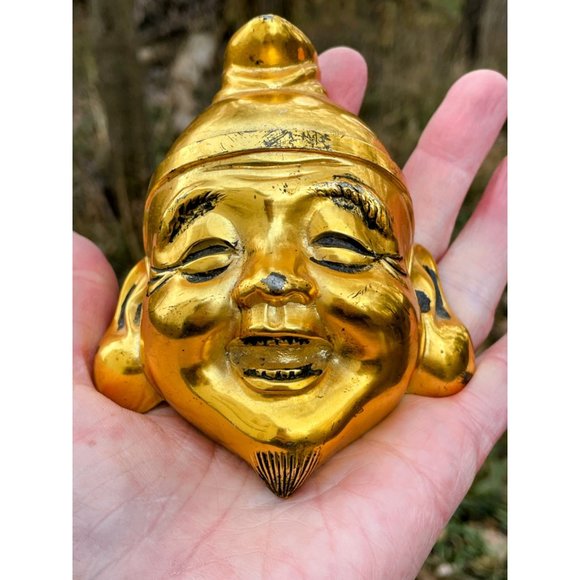 Vintage Gold Metal Asian Men Smiling Faces Wall Decor - Picture 3 of 16